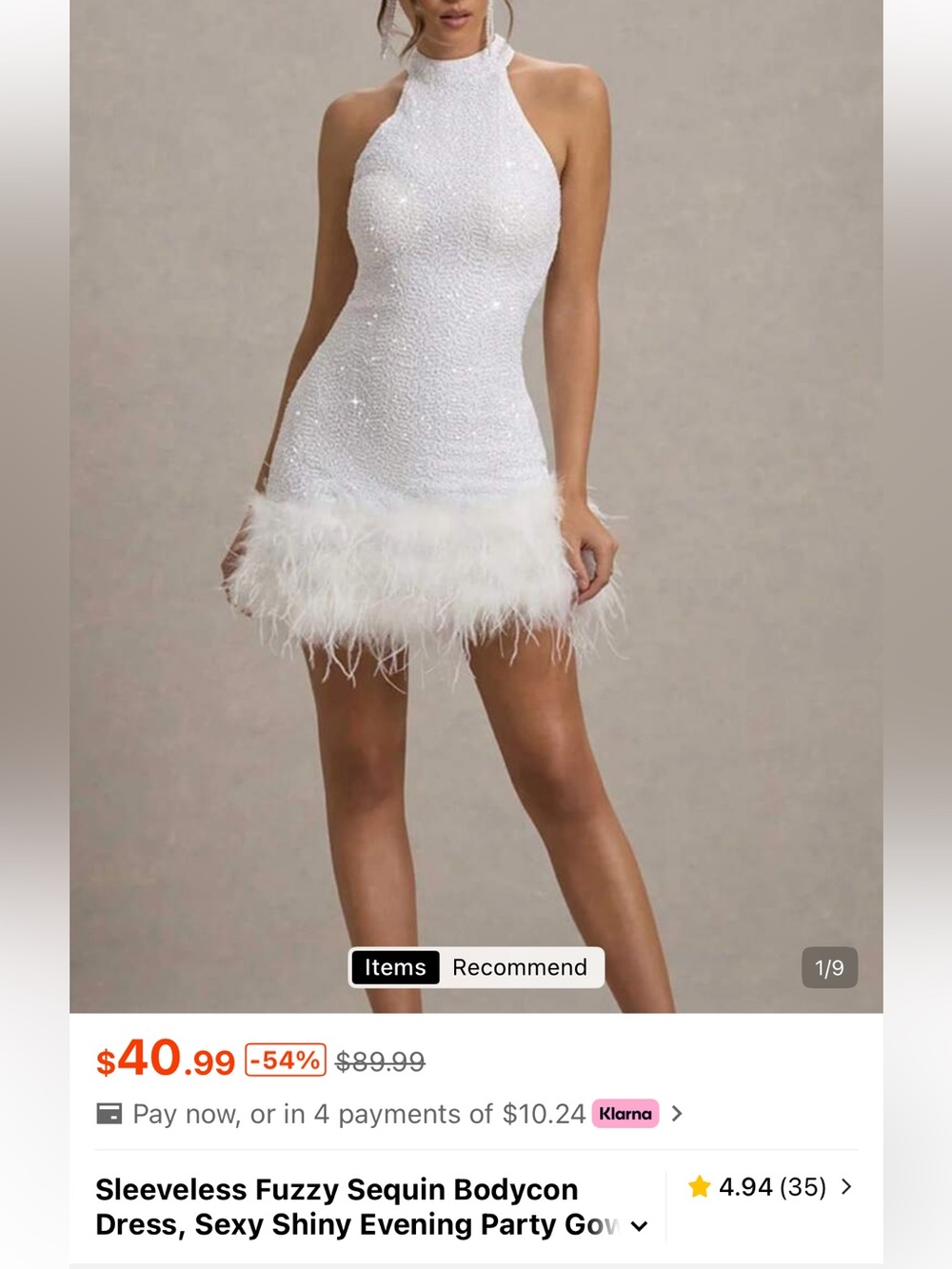 White Sequin Halter Dress with Feather Hem - Picture 3 of 3